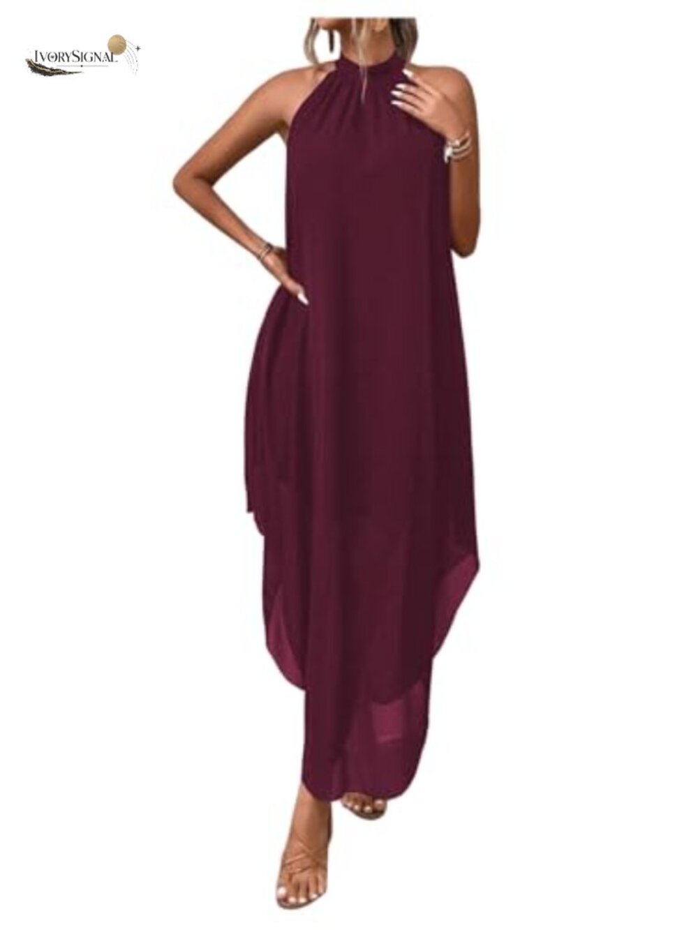 Women's Halter Neck Sleeveless Flowy Chiffon Maxi Dress Formal Wedding Guest